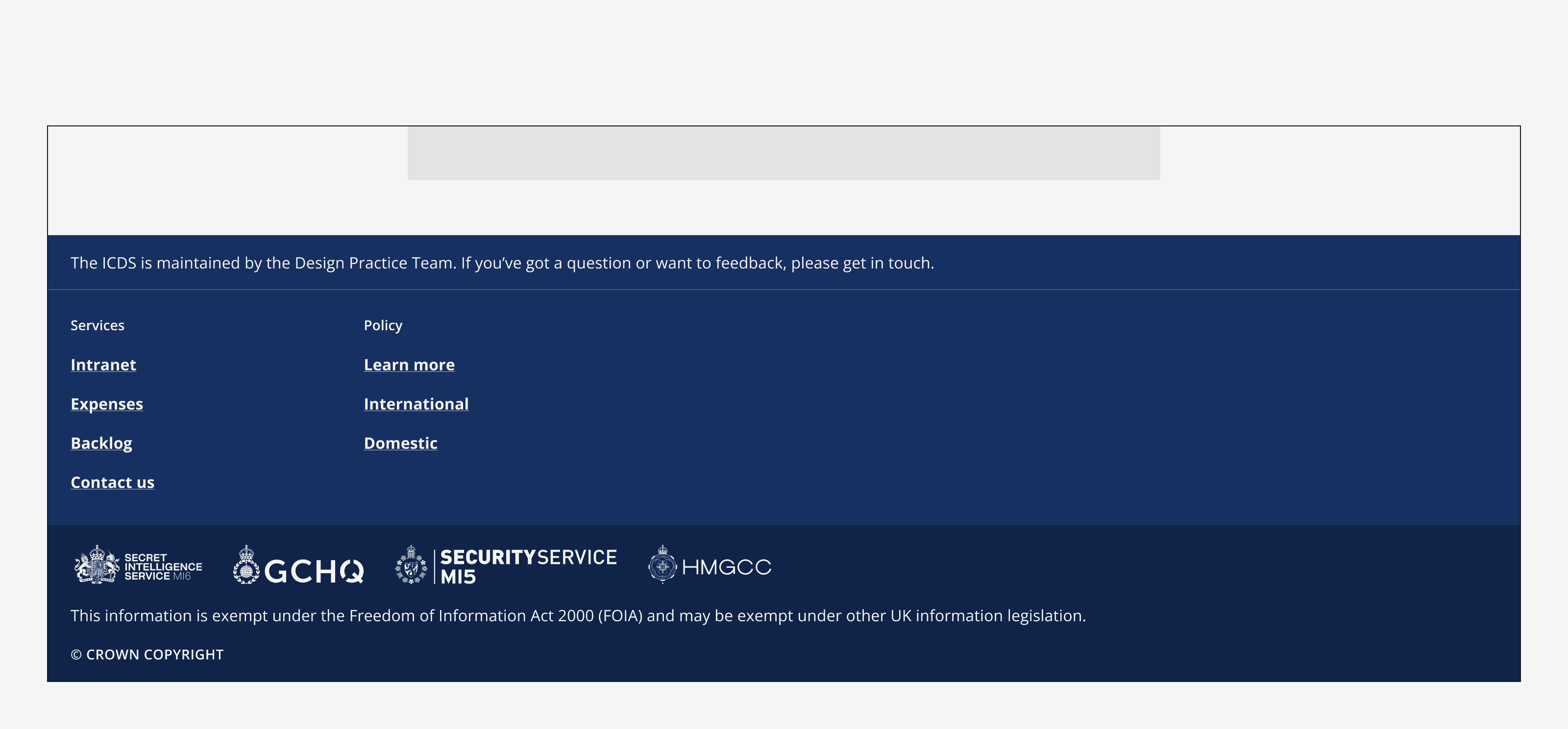 A footer showing two groups of links. The two link groups are titled ‘Services’ and ‘Policy’ and each group includes a set of links.