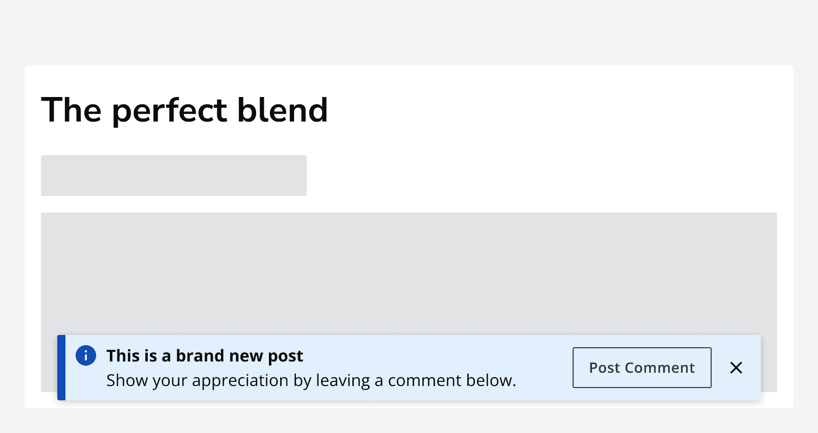An article titled ‘The perfect blend’ with an information alert overlaid on top of the page content.