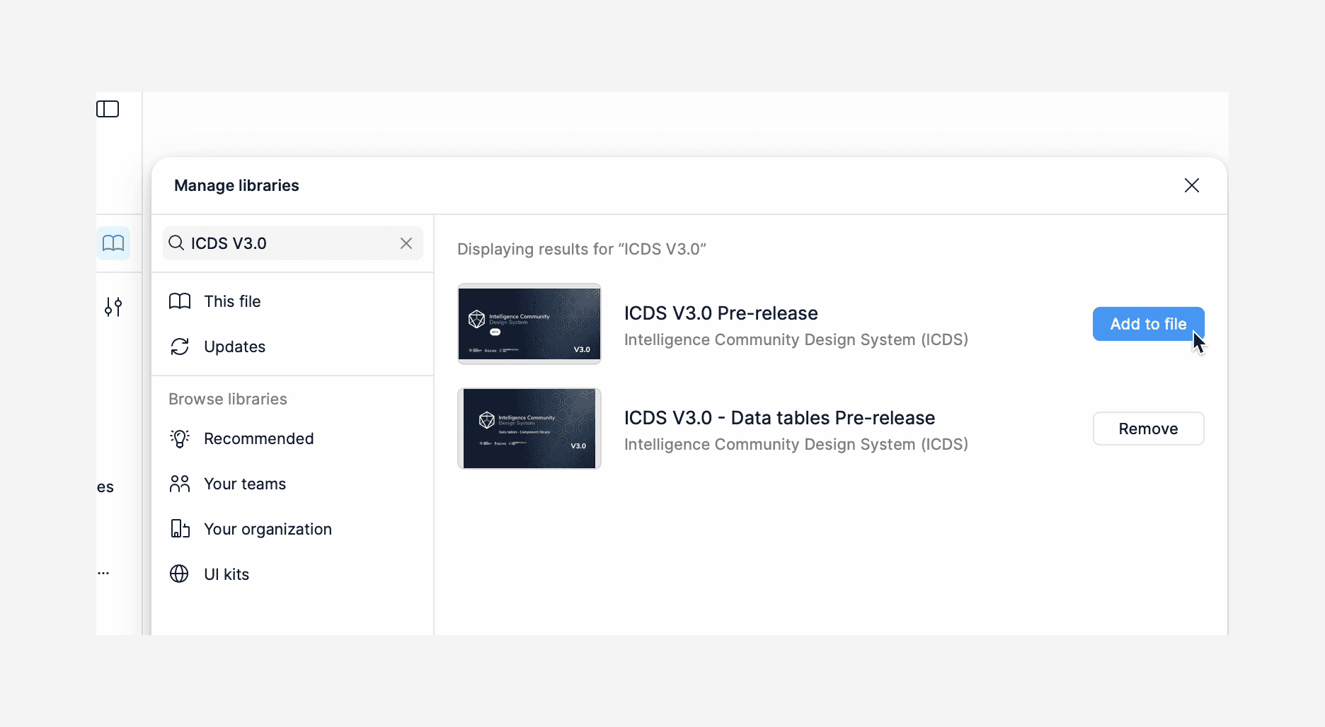 Image of the Libraries menu in Figma with the Intelligence Community Design System library turned on.