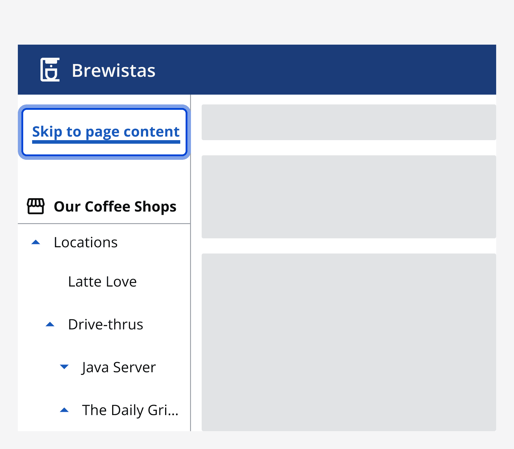 A skip link component appearing as the first item in a tree view