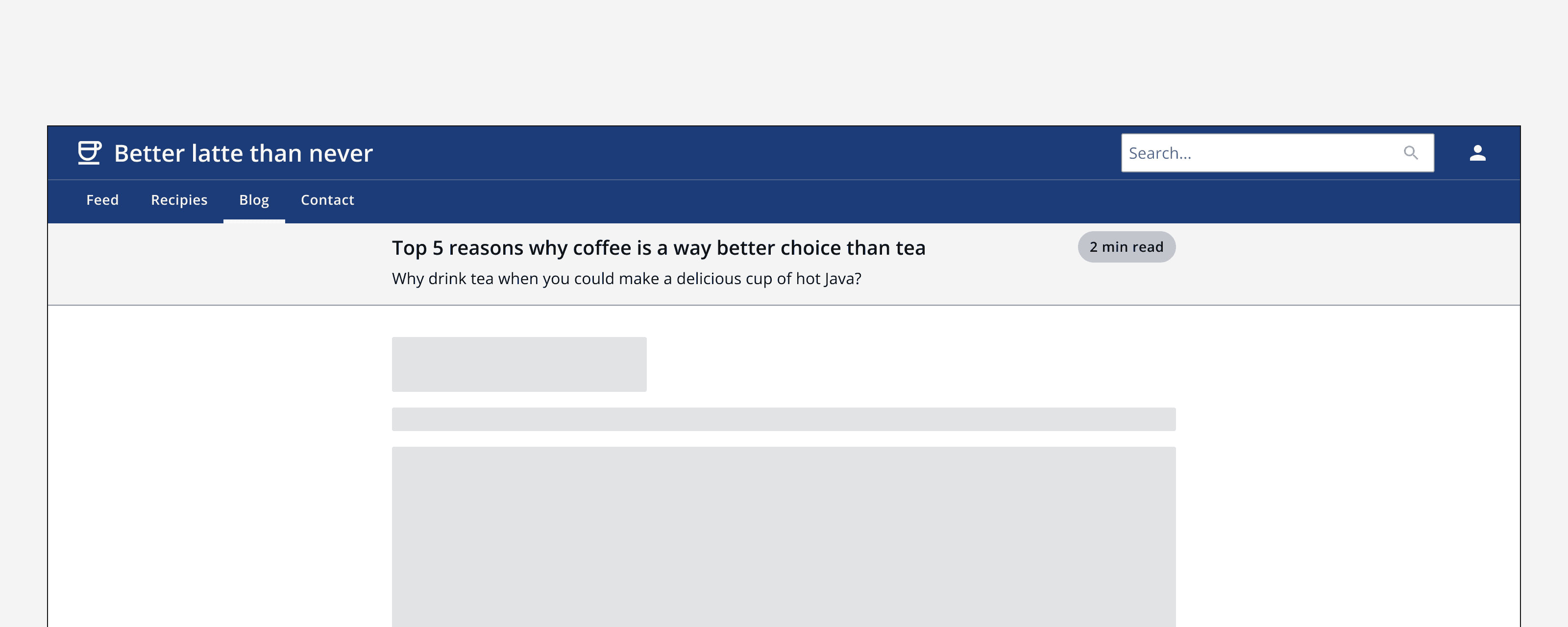 An example app that shows a page header and some example content. The page header’s title, description and action button are aligned to the centre of the screen, and the example page content below is also aligned to the centre of the screen.