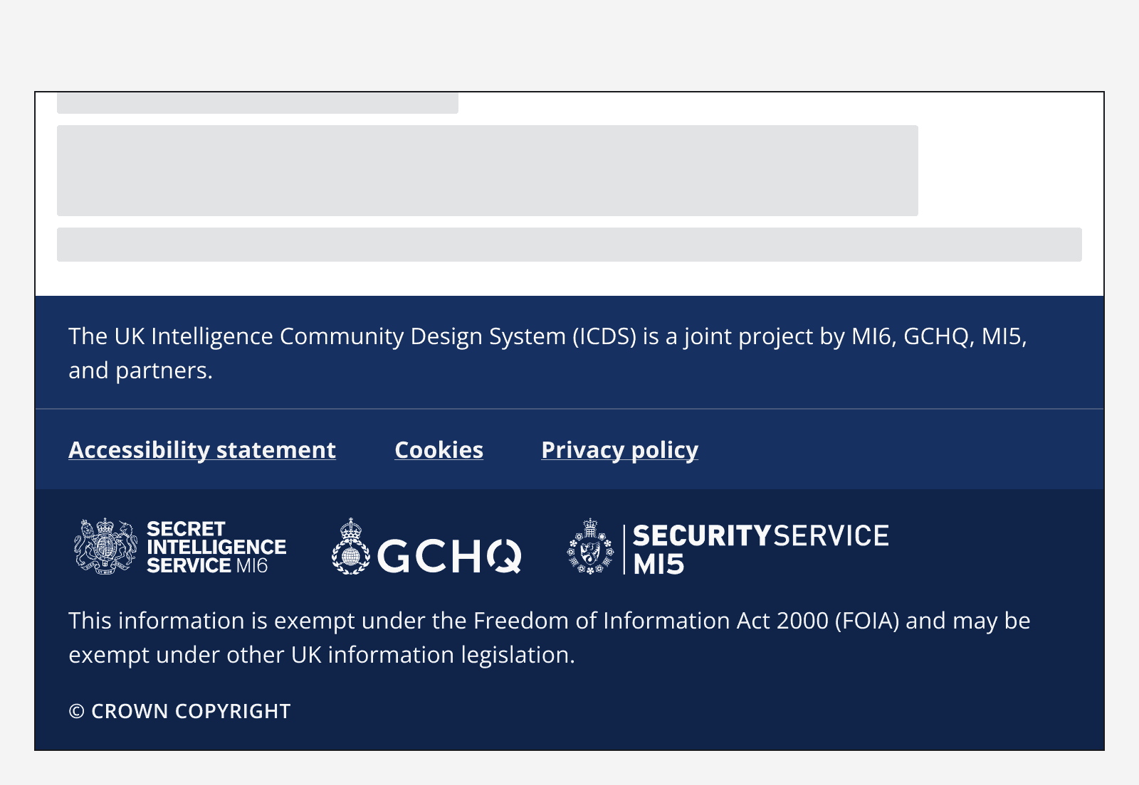 An image of a footer with two navigation groups titled ‘Services’ and ‘Policy’ which house a list of several links. Every text element in the footer is white, including the hyperlinks.