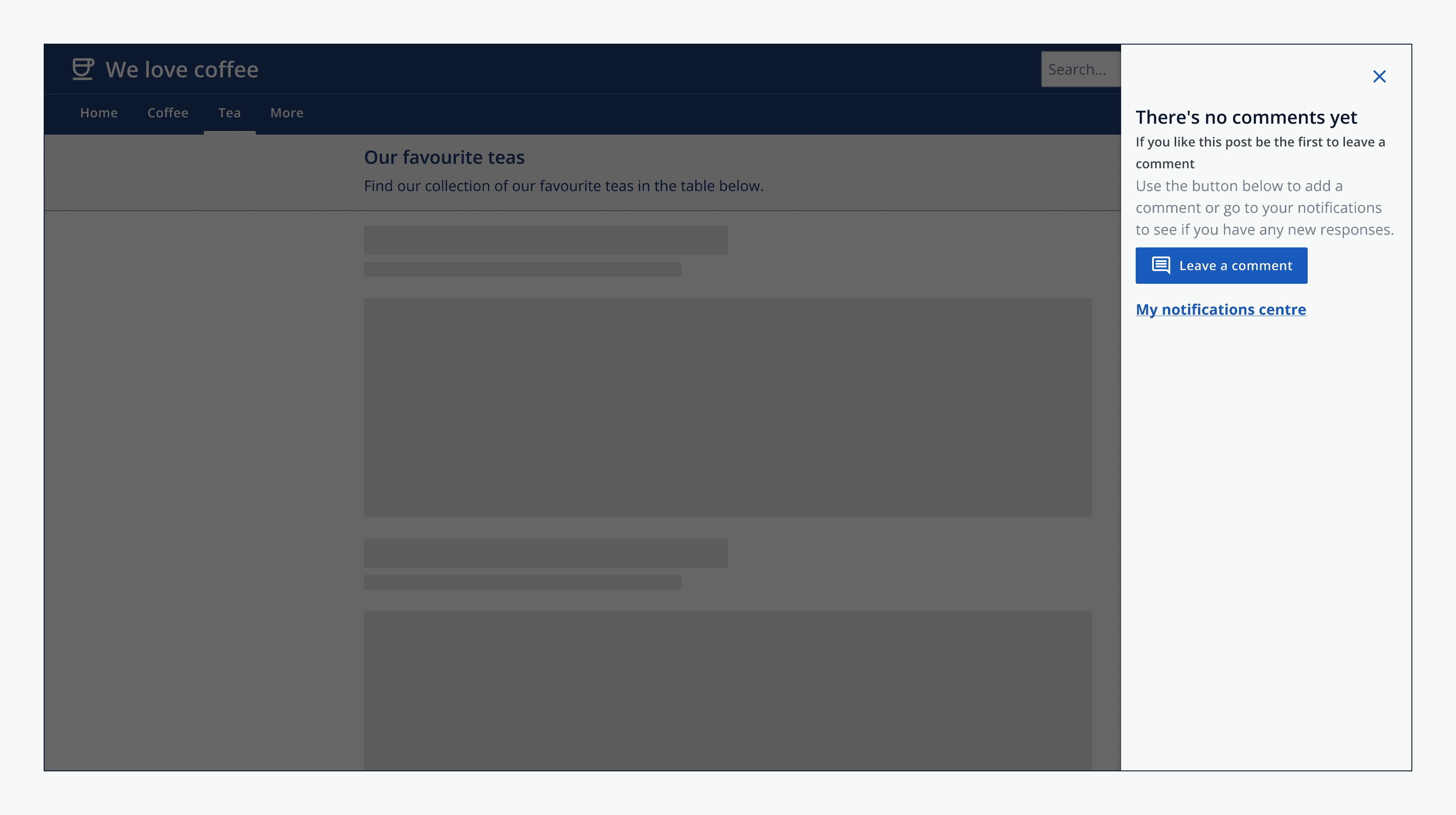 An example app with a side panel displayed over the page content containing an empty state component that reads ‘No comments yet’.