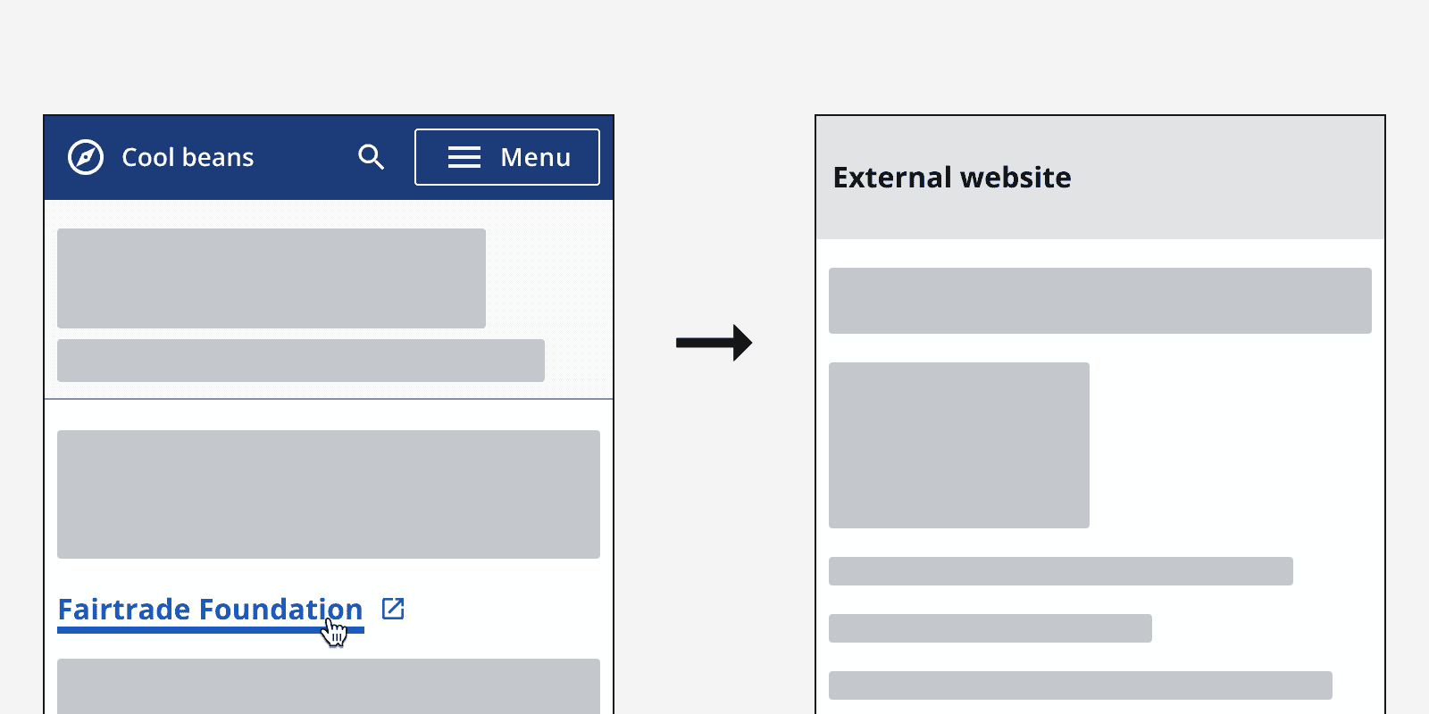 An example of a link labelled ‘Fairtrade Foundation” featuring a ‘launch’ icon to denote it will open a new tab or page.