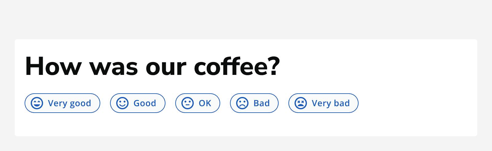 Five Action chips displayed in a row, each showing an icon and label to capture feedback on coffee. The options range from 'Very good' to 'Very bad'.