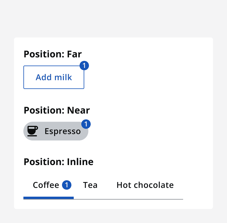 A secondary button with a badge using ‘far’ positioning, a chip with a badge using ‘near’ positioning, and a tab bar containing a tab with a badge using ‘inline’ positioning.