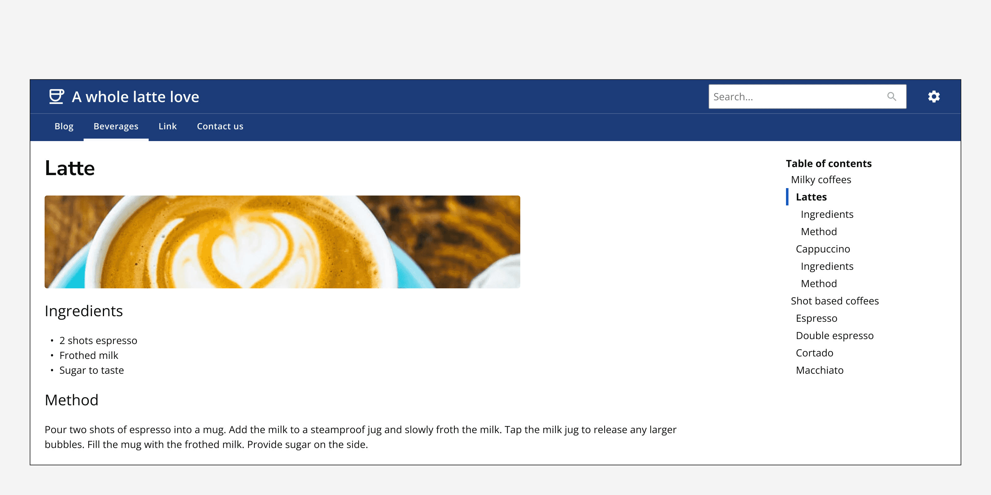 A page of content describing a latte recipe that includes a table of contents on the right-hand side of the page.