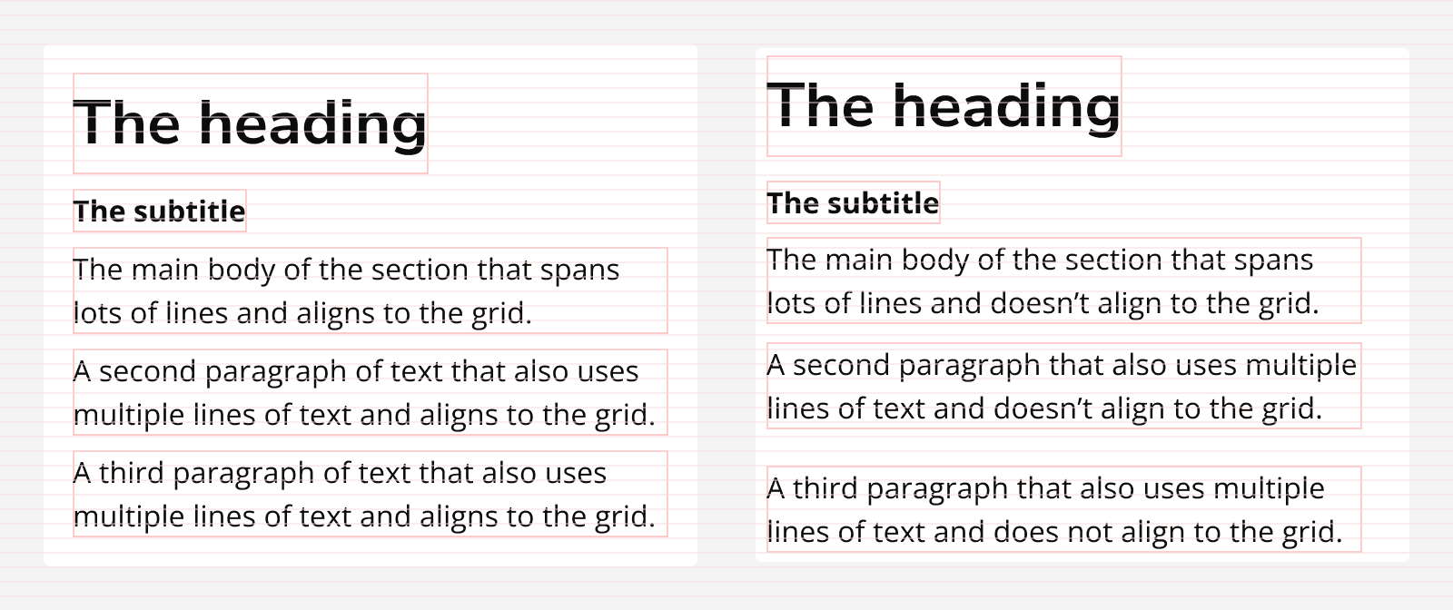 Two examples of a text article with a heading, subtitle and some paragraphs of body copy. The first example has its elements aligned to the eight pixel grid creating vertical rhythm, whereas the second example’s elements don't align to the grid and seem uneven.