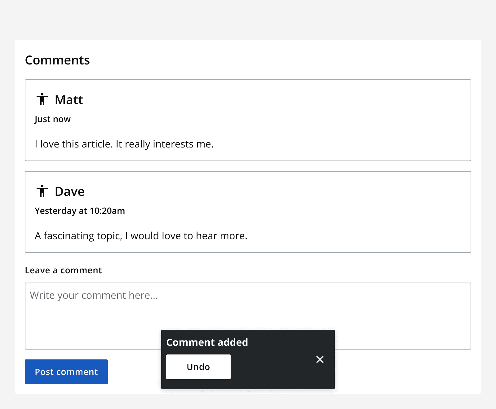 A comments section with a toast message that says ‘Comment added’ with an ‘undo’ button and a dismiss button.