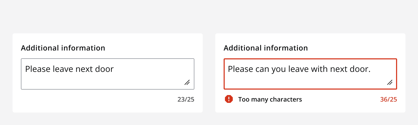 An example of two text areas with a character count. The first is below the character count, and the second is over the character count and is showing an error.