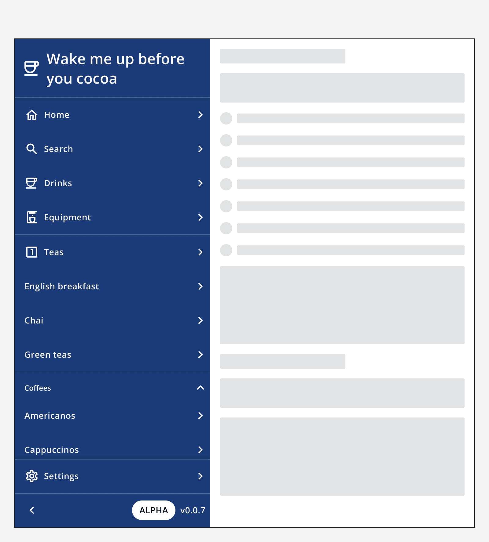 An example app using side navigation to display multiple groups of links.