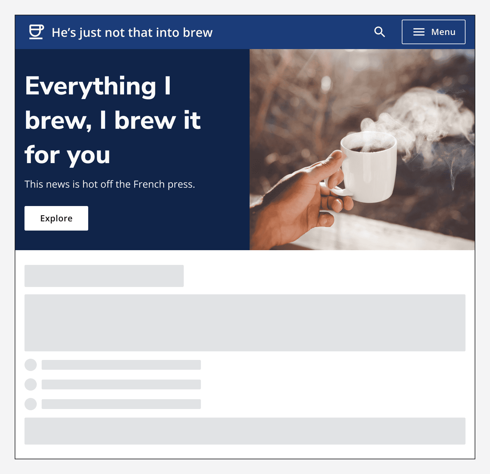 A hero with a full height image of a hand holding a coffee cup in the secondary area.