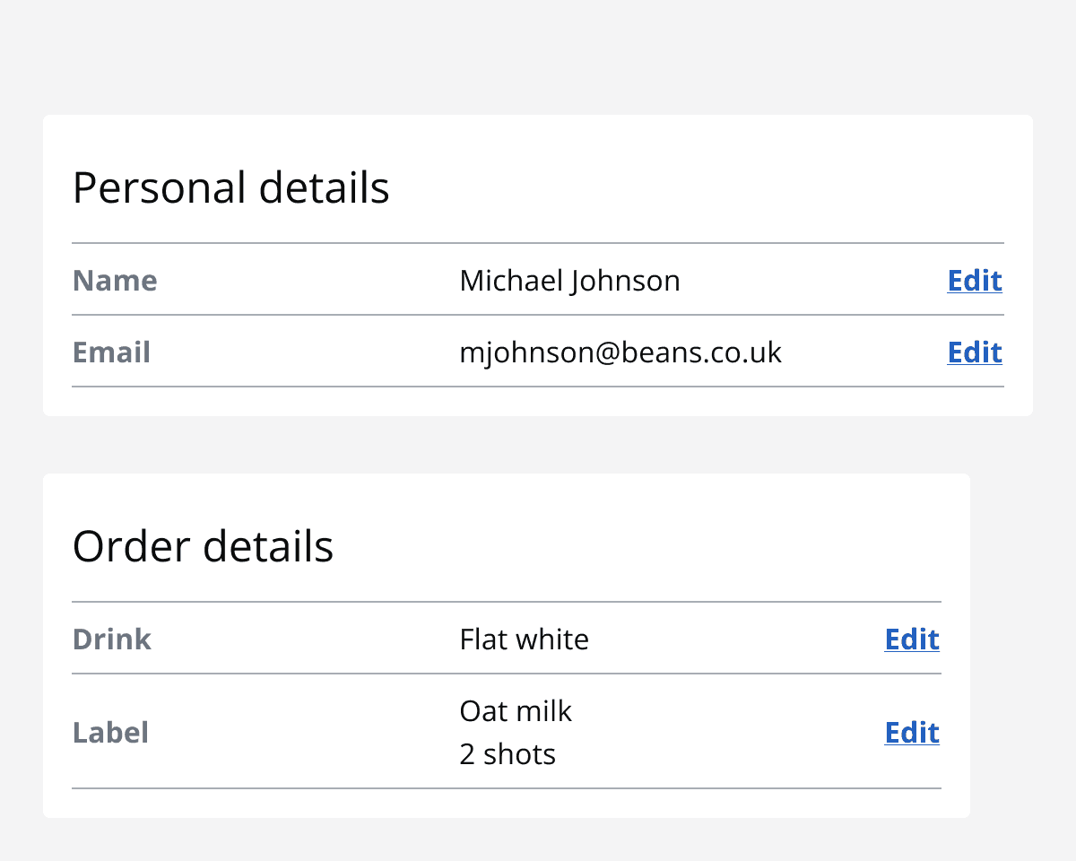 An image of two data lists. The top component, labelled ‘personal details’ is wider than the bottom one, labelled ‘order details’.