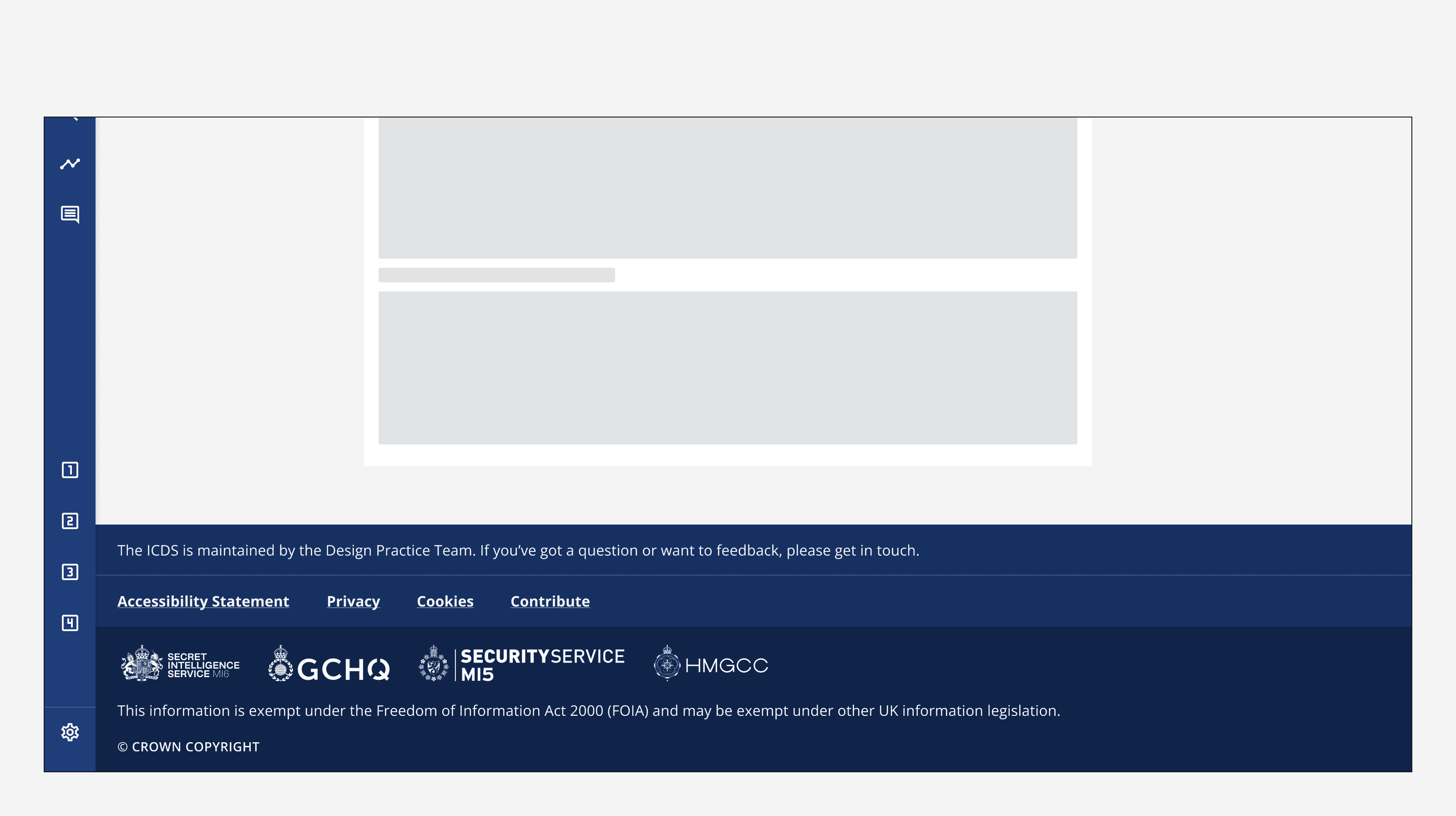 An example app showing a side navigation component with a footer component positioned on the right and adjacent to the side navigation.