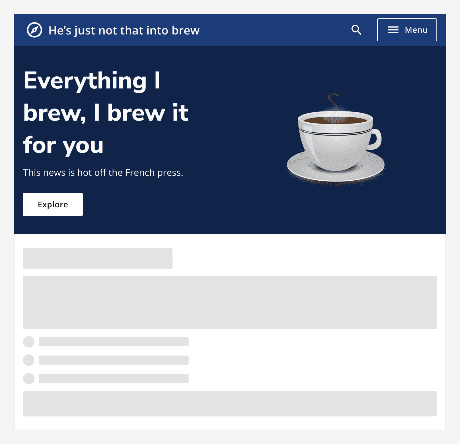 A hero with an image of a coffee cup in the secondary area.