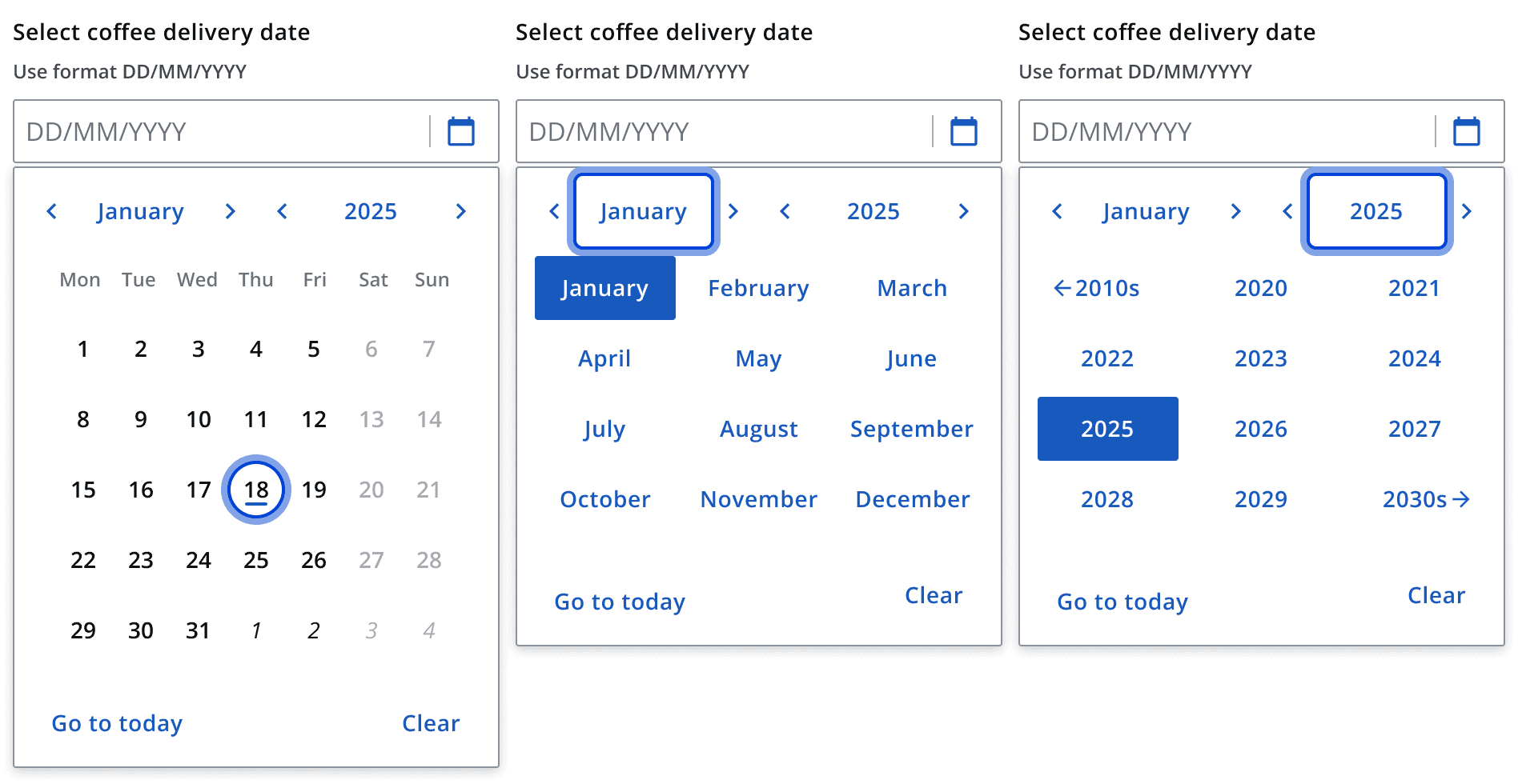Three date pickers displaying the differing content views of day, month and year.
