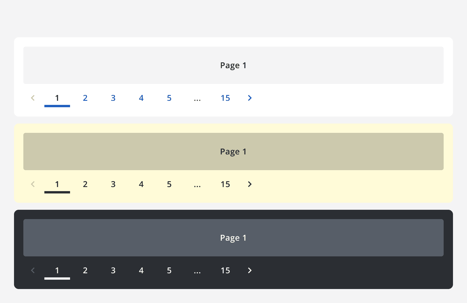 Three pagination examples on different coloured backgrounds. The default theme pagination is used on a white background. The monochrome dark theme pagination is used on a light yellow background. The monochrome light theme pagination is used on a dark grey background.