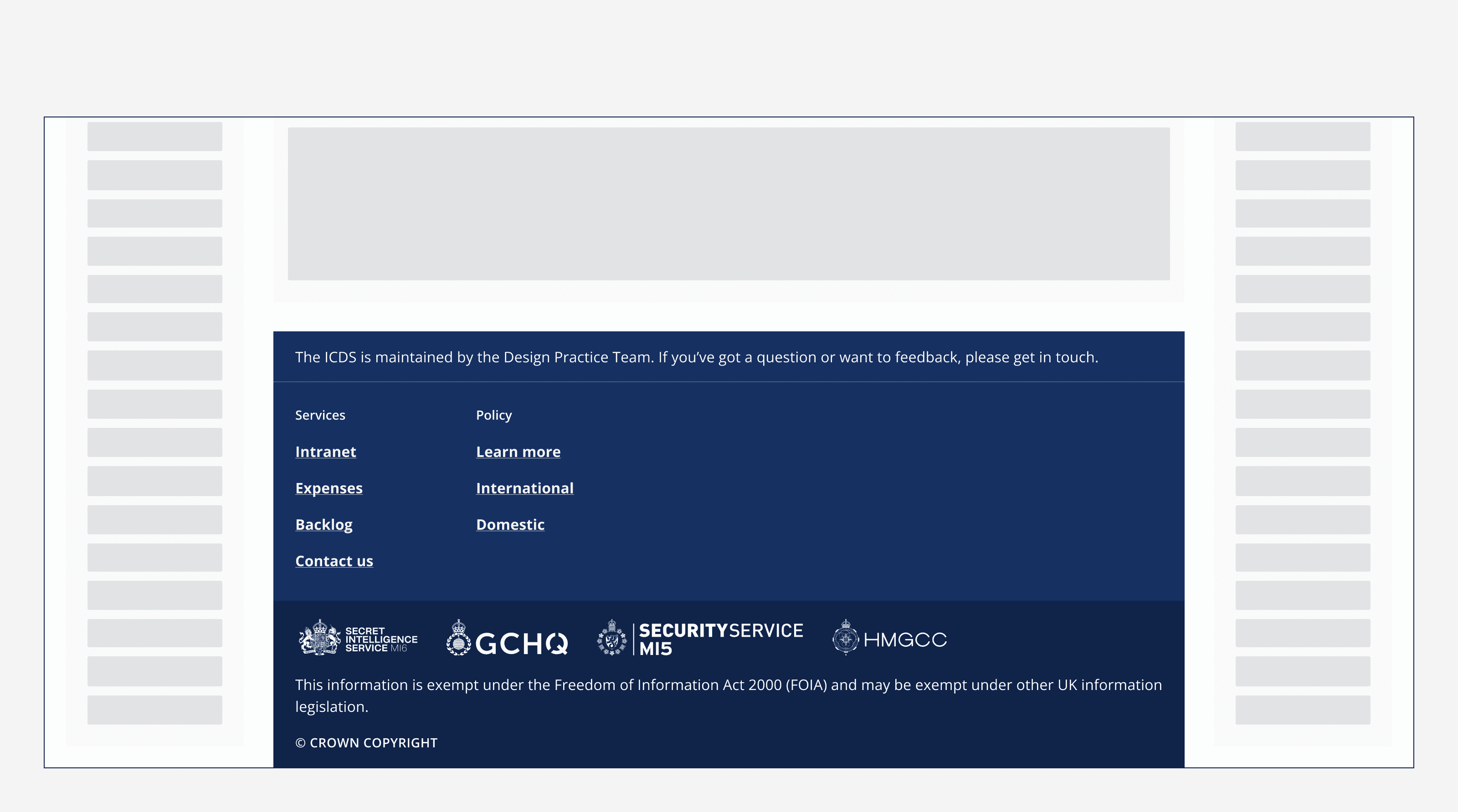 A footer positioned centred between two other content areas that sit to the left and right of the footer.