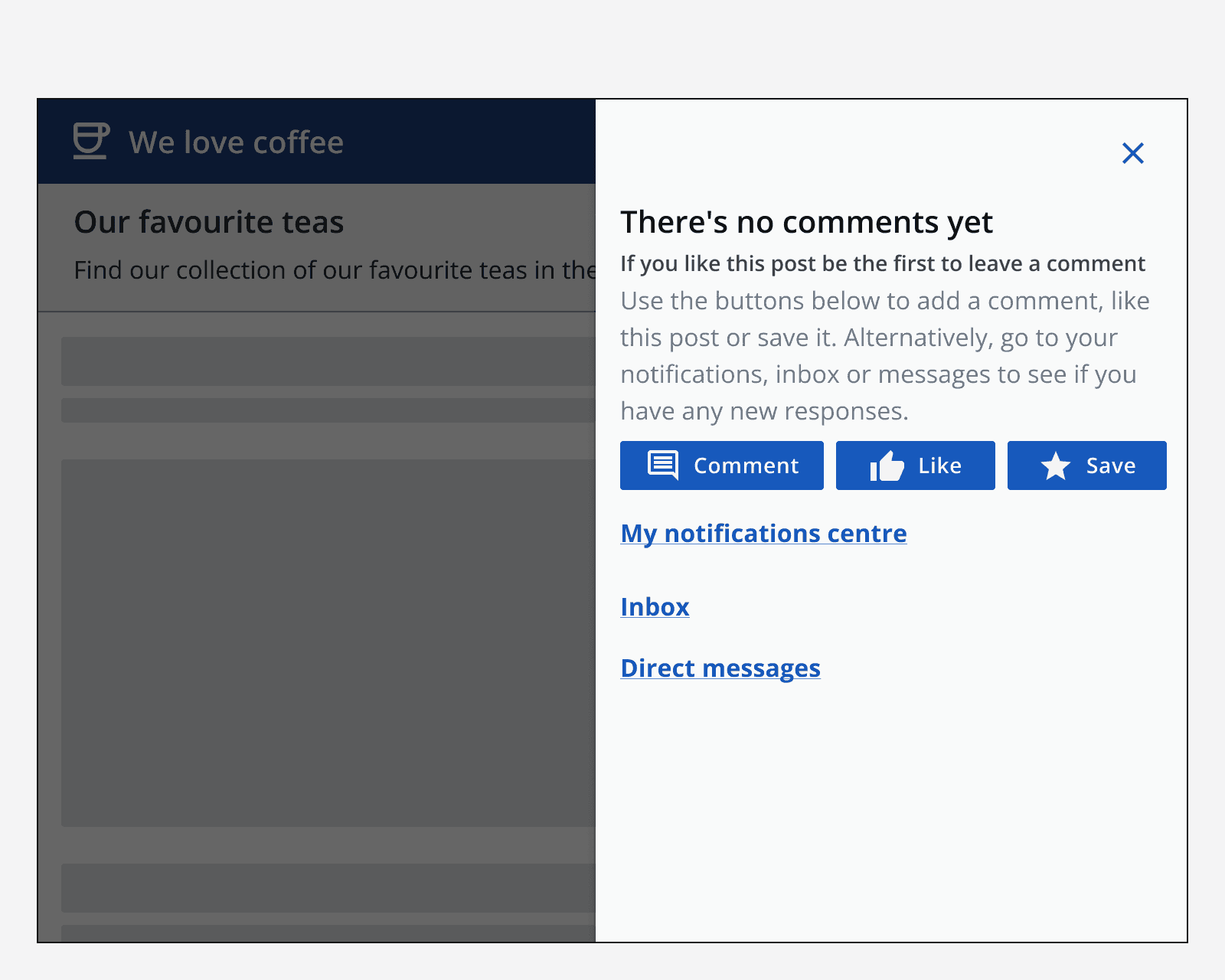 An empty state component that has three buttons and three links within its interaction area.