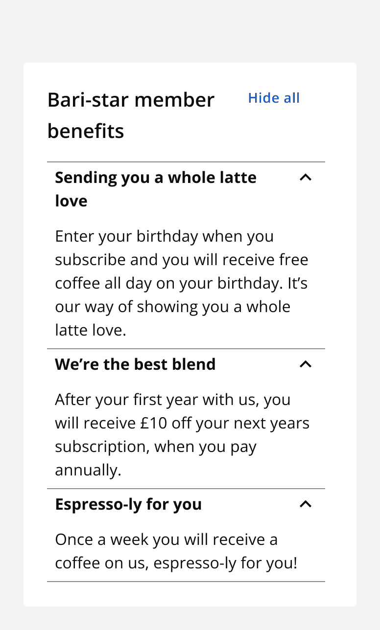 An expanded accordion group titled ‘Bari-star member benefits’ with a ‘hide all’ button.