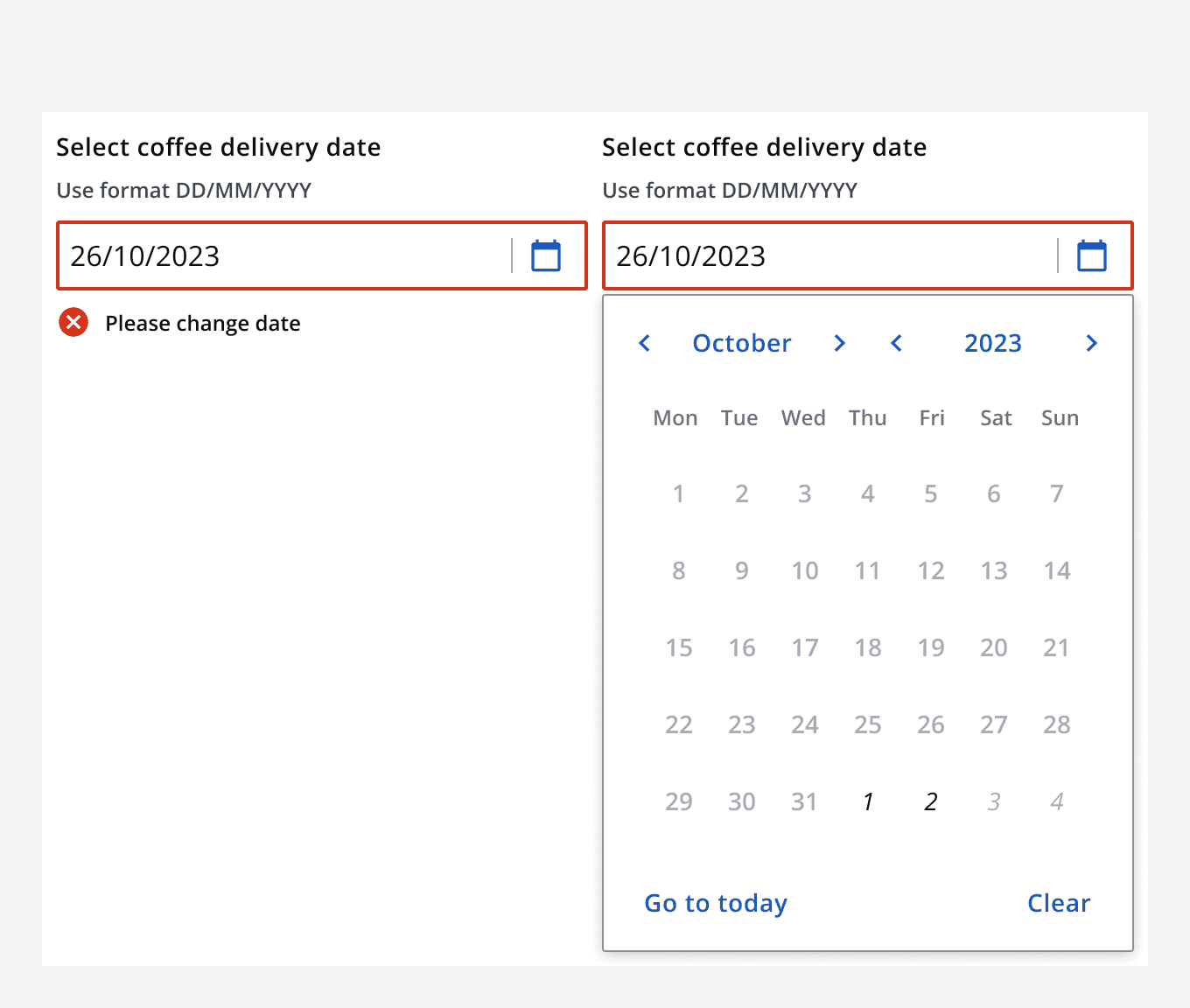 A date picker with an ambiguous error caused by choosing a date outside of allowed range.