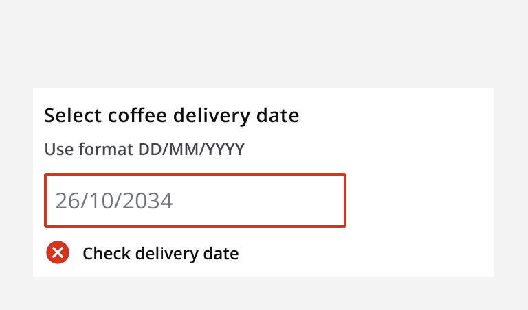 A date input correctly displaying an invalid entry errored state.