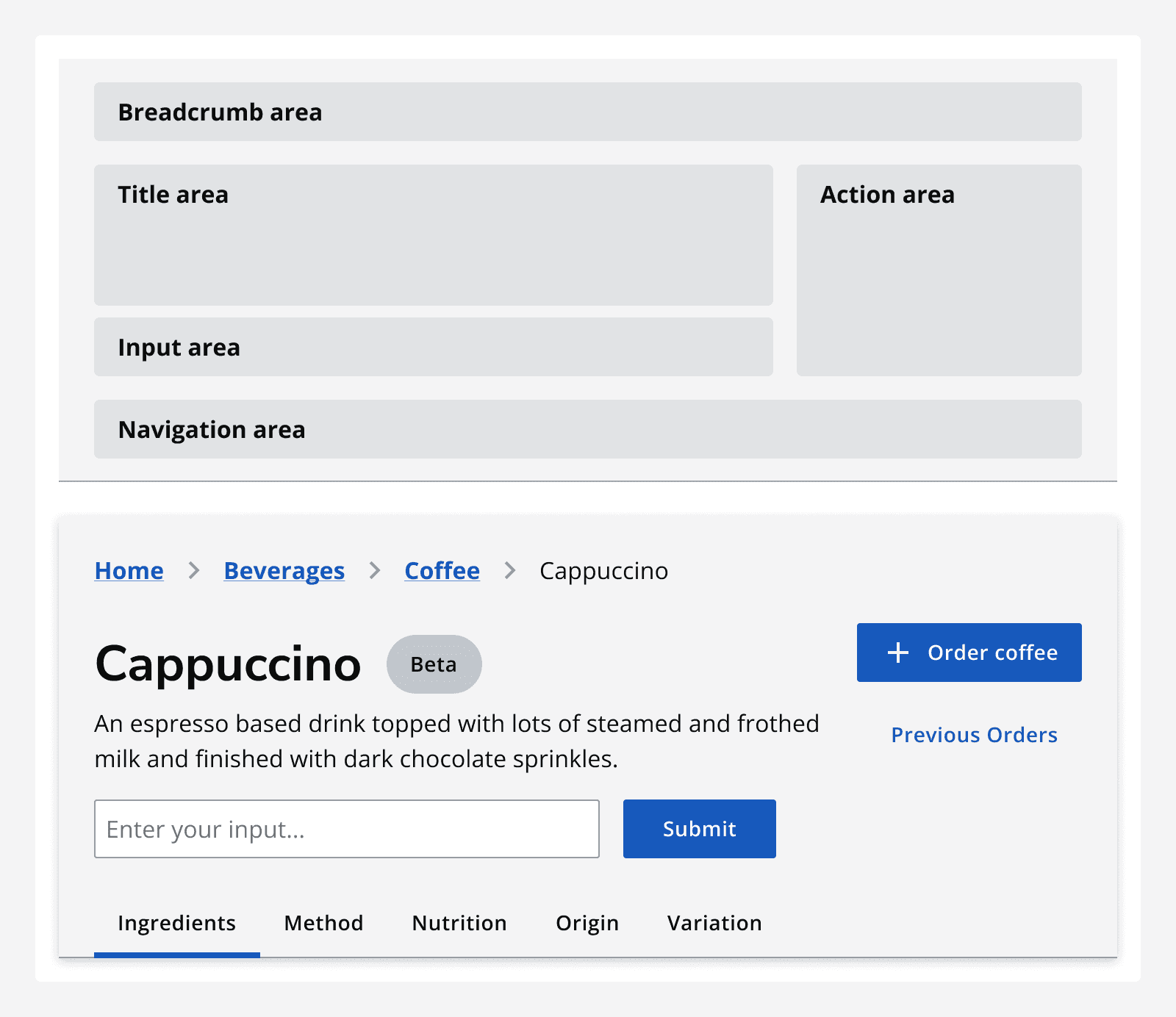 A diagram showing the positioning of the content areas within a page header. The content areas are a breadcrumb area, a title area, an action area, an input area, and a navigation area.&nbsp;