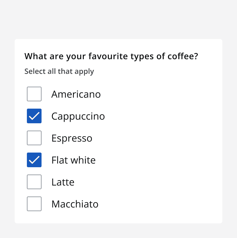 A checklist asking the question ‘What are your favourite types of coffee?’ with six options where two are checked.