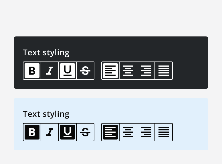 Two versions of a text styling setting that uses toggle button groups. One has a dark background with light theme toggle buttons, and the other has a light coloured background with dark theme toggle button groups.