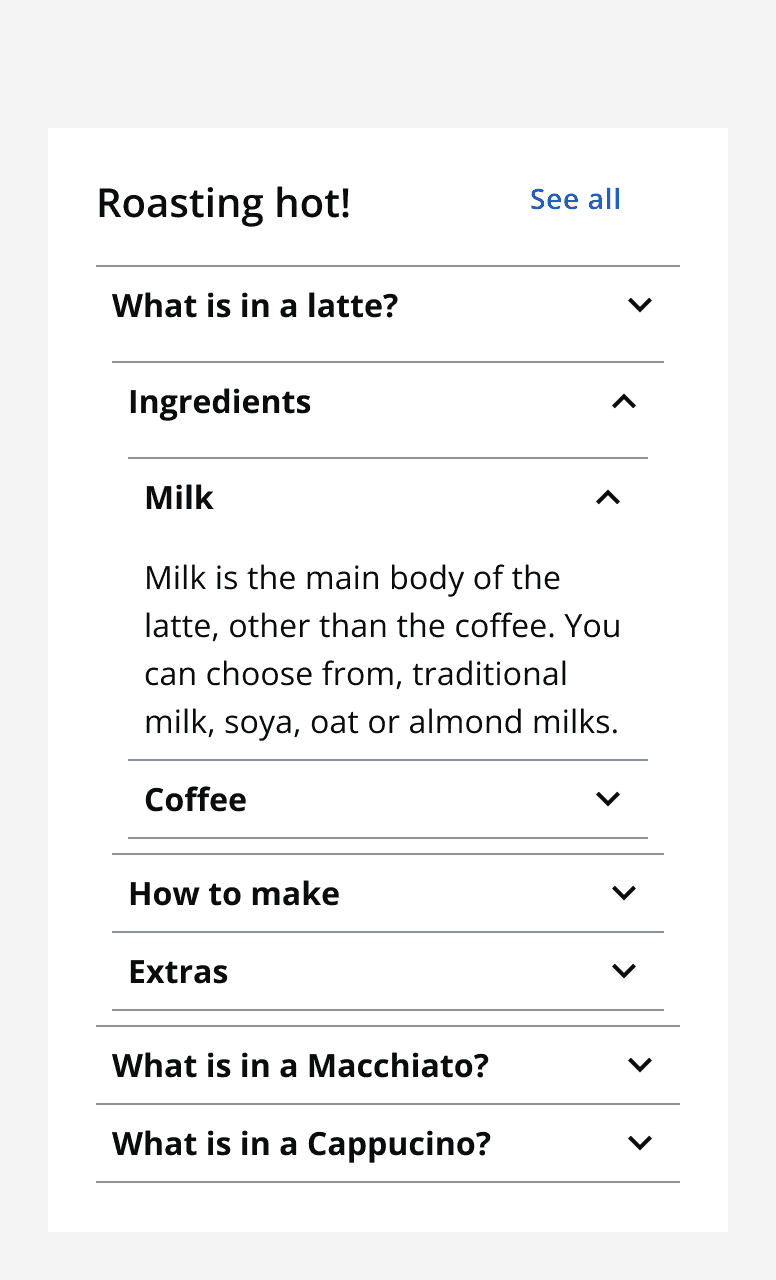 An accordion group titled ‘Roasting hot’ containing an accordion group with another nested accordion group within it.