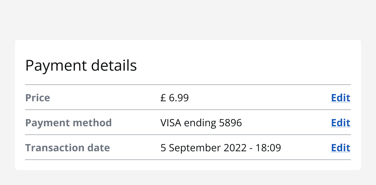 An image of a data list titled ‘Payment details’ with three rows.