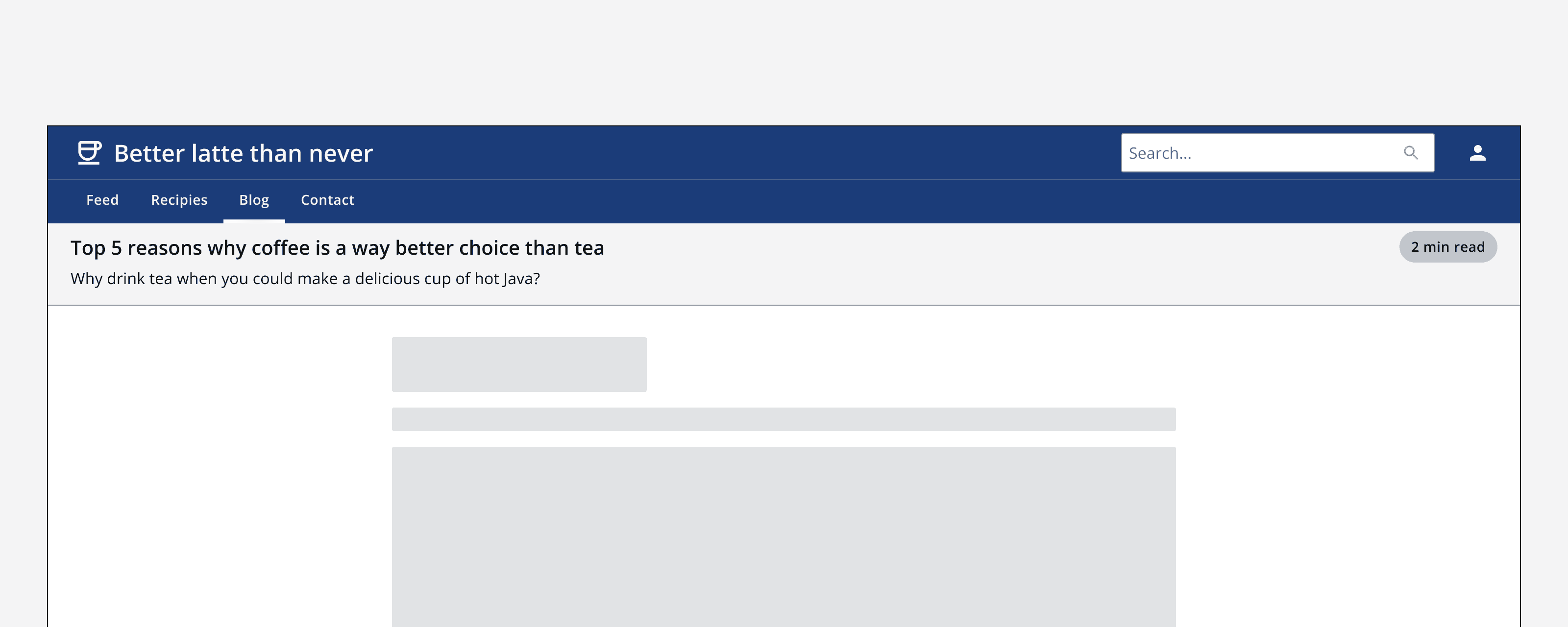 An example app that shows a page header and some example content. The page header’s content spans the full screen width with its title and description aligned to the left margin and its action button aligned to the right margin. The example page content below is aligned to the centre of the screen.