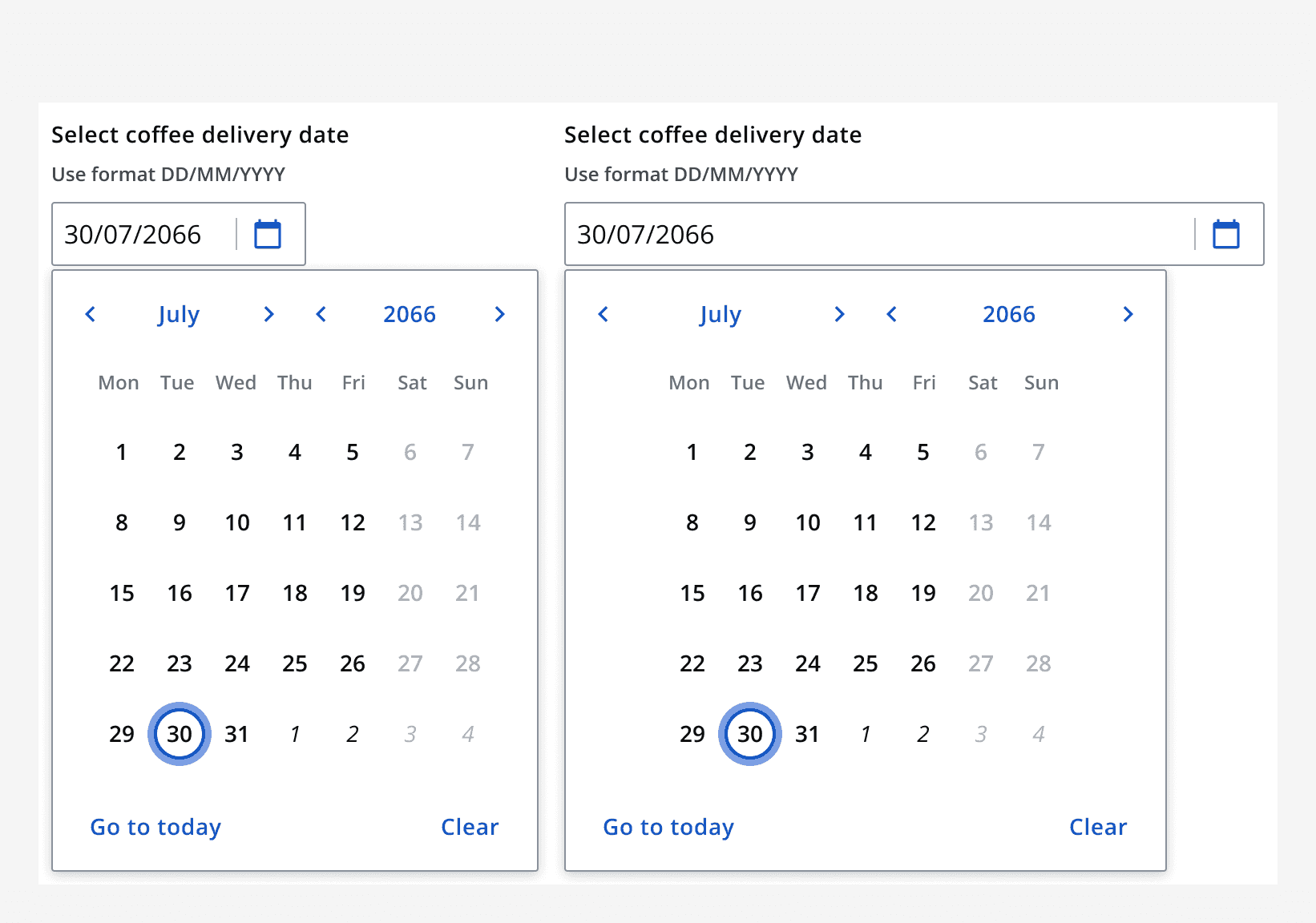 Two date picker examples at their maximum and minimum width