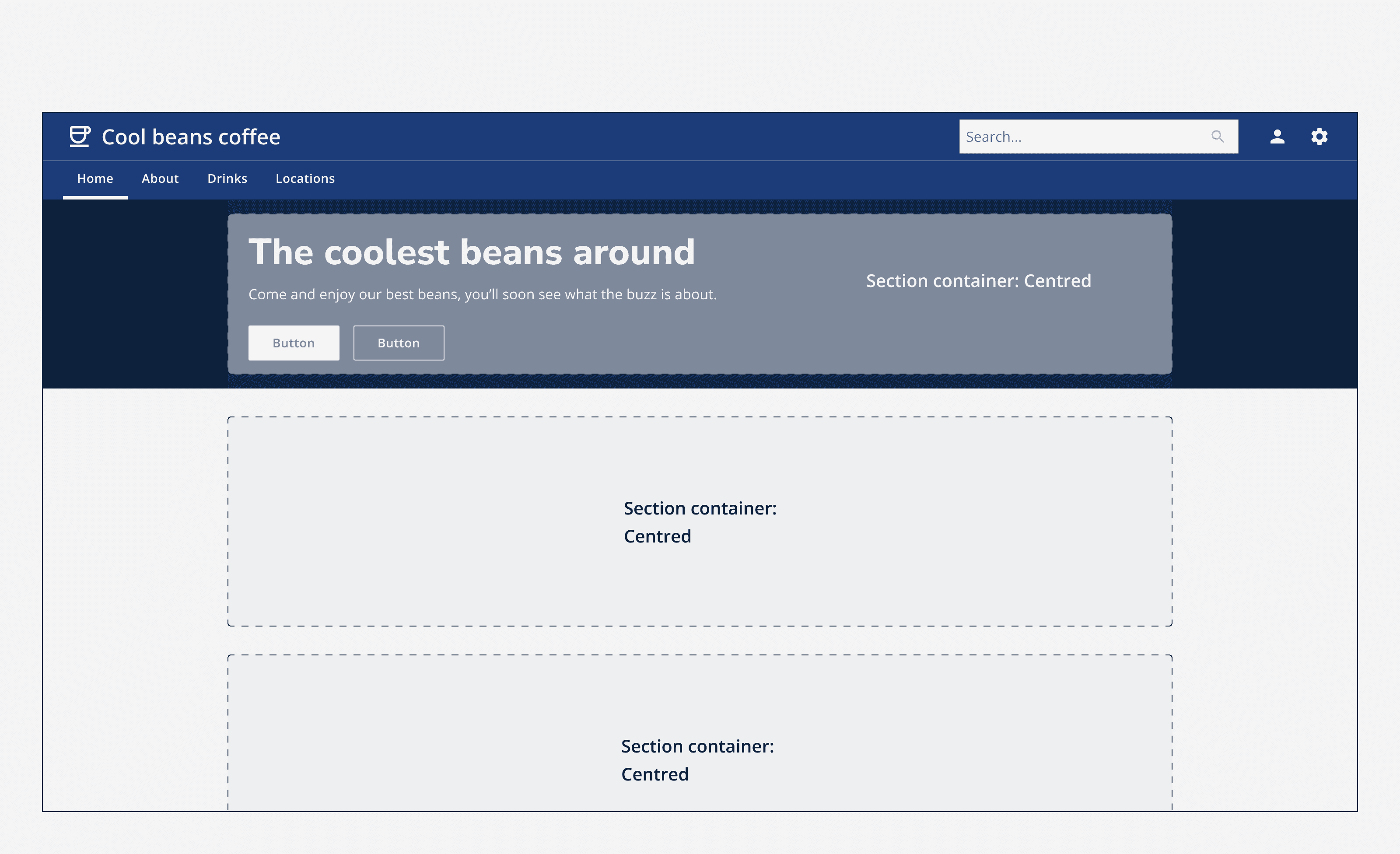 An example of a page with three section containers with centred alignment appearing in the middle of the viewport.