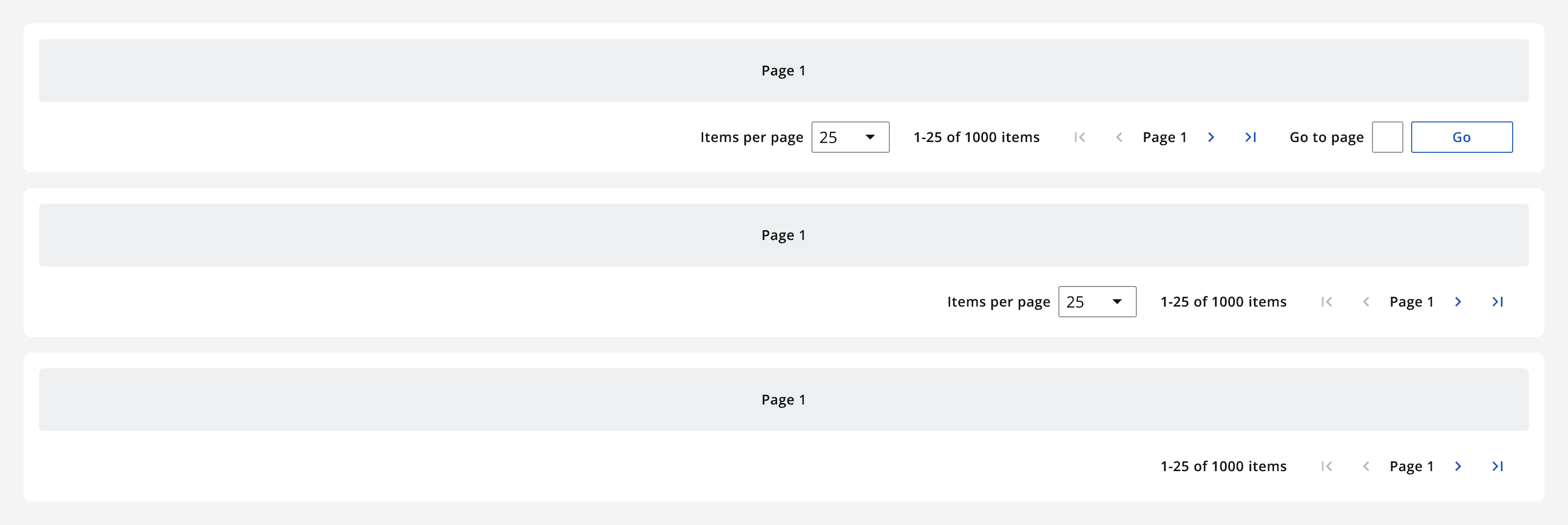 Three example pagination bars with different elements displaying. The top shows the ‘items per page selector’ and ‘go to page button’ displayed, whilst the other examples have these elements hidden.