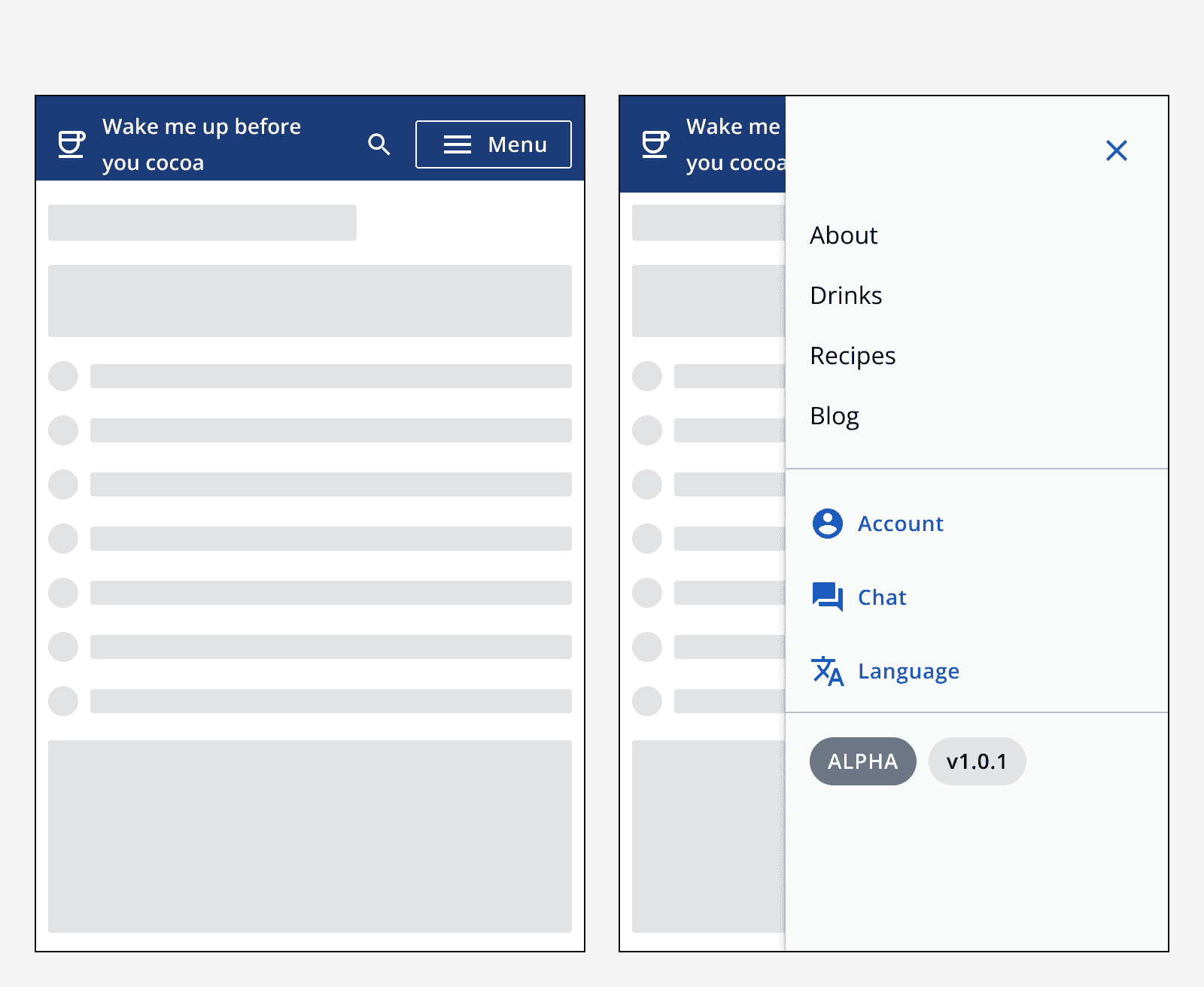 An example of top navigation displayed on a smaller screen. It displays a menu button that opens a drawer menu that includes the navigation links.