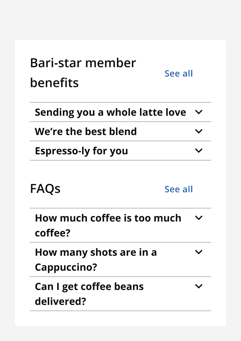 Two collapsed accordion groups. One titled ‘Bari-star member benefits’ and one titled ‘FAQs’, both containing three accordions.