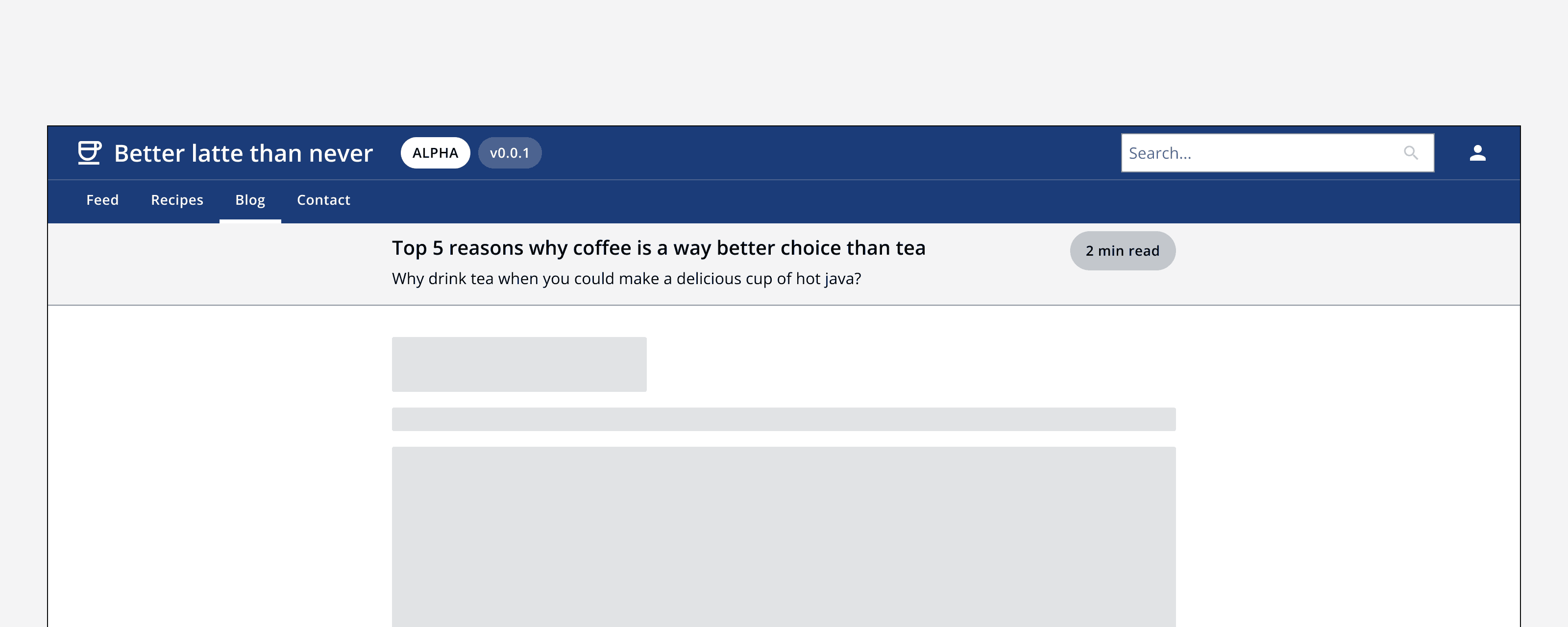 An example app that shows a page header and some example content. The page header’s title, description and action button are aligned to the centre of the screen, and the example page content below is also aligned to the centre of the screen.