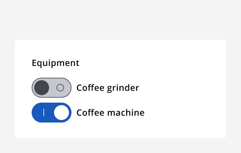 Two switches under the heading 'equipment'. One switch is toggled on whilst the other is off.