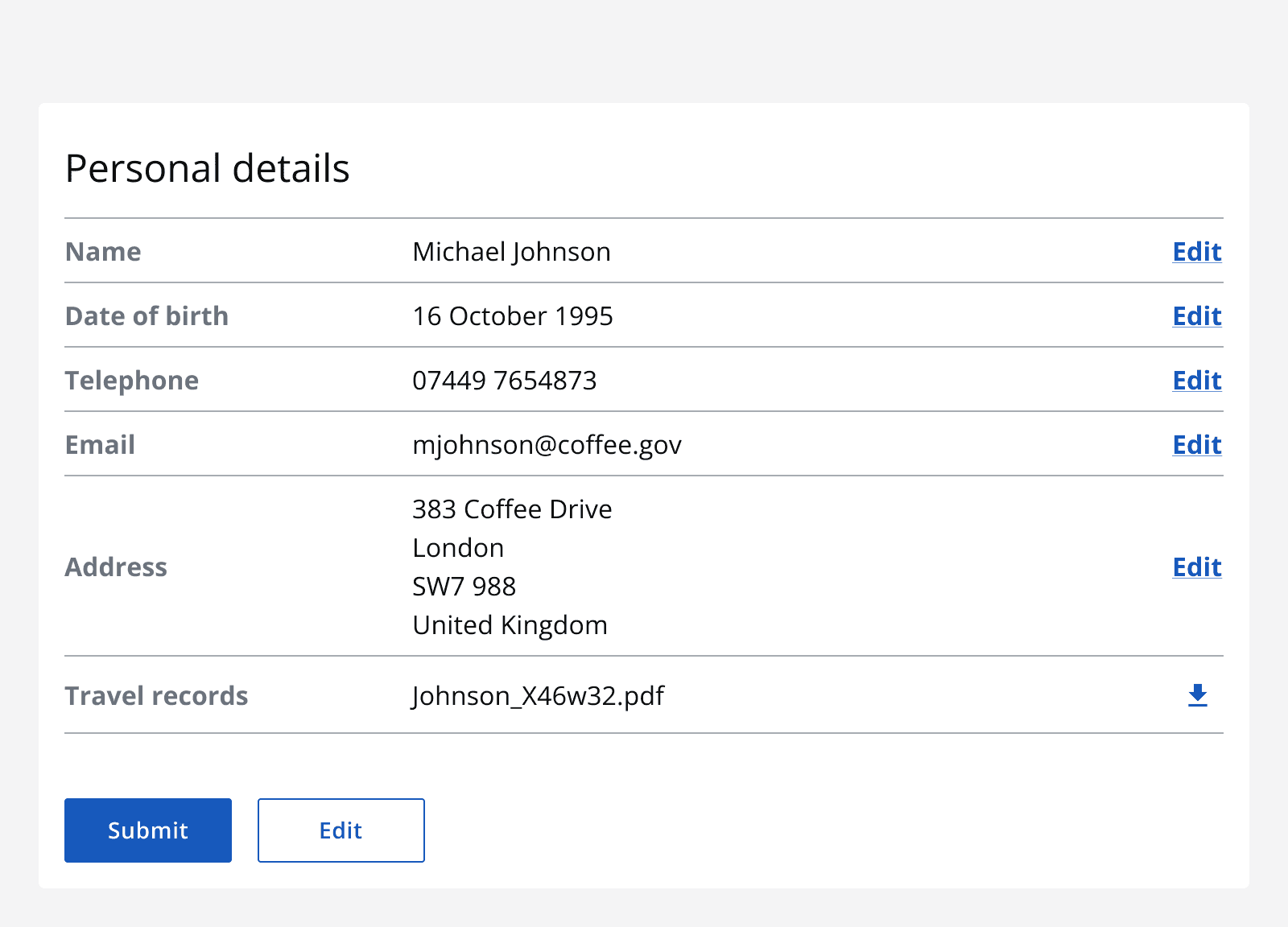 A data list titled ‘Personal details’ with six rows. The first five include an ‘edit’ link button, while the sixth includes a download icon button. At the end of the data table there are two buttons, one labelled ‘submit’, and the second labelled ‘edit’.