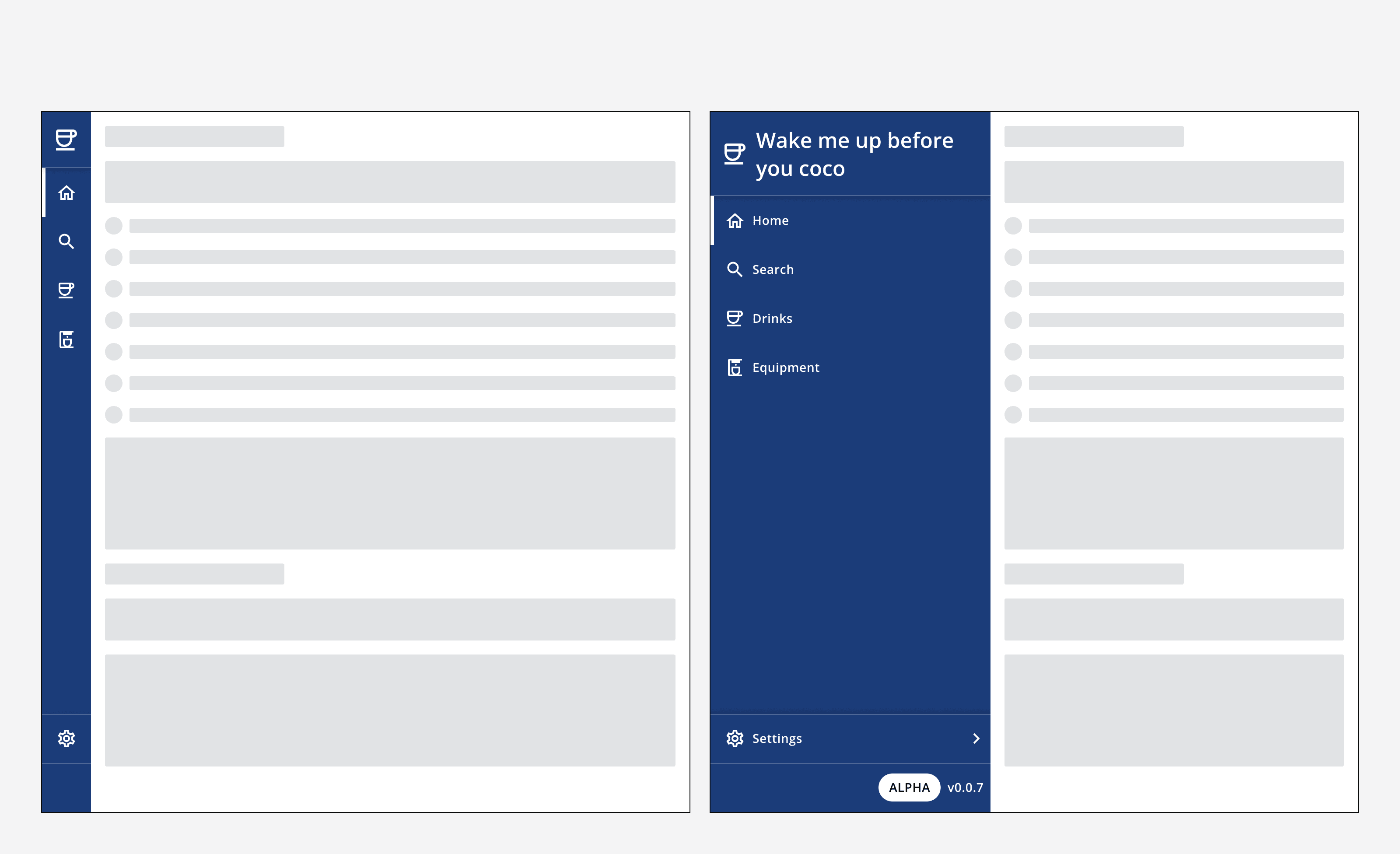 Two examples of side navigation that are set to static collapsed and static expanded. No expansion toggle button is displayed in the bottom section of the side navigation.