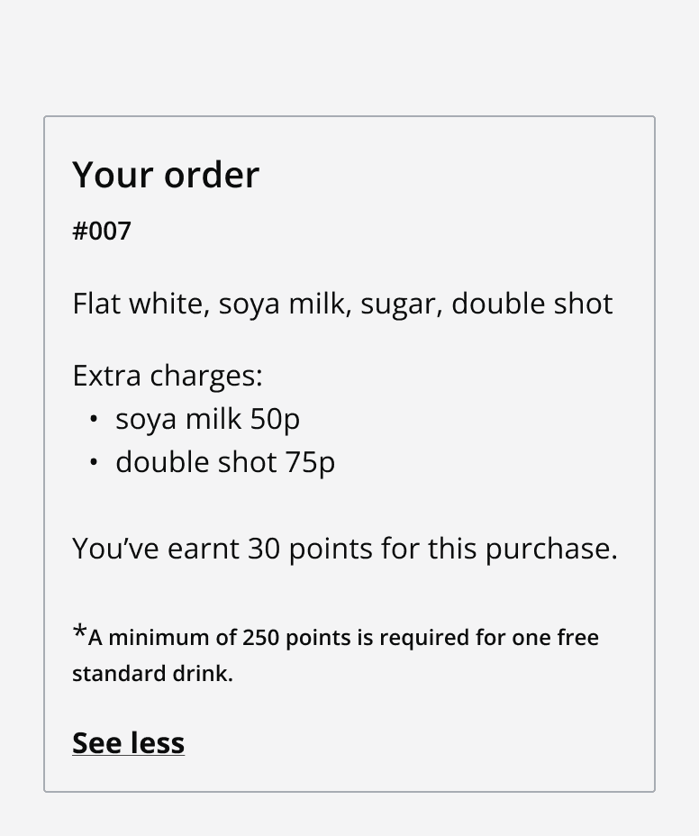 An example card titled 'Your order' with nine rows of content in the content area.