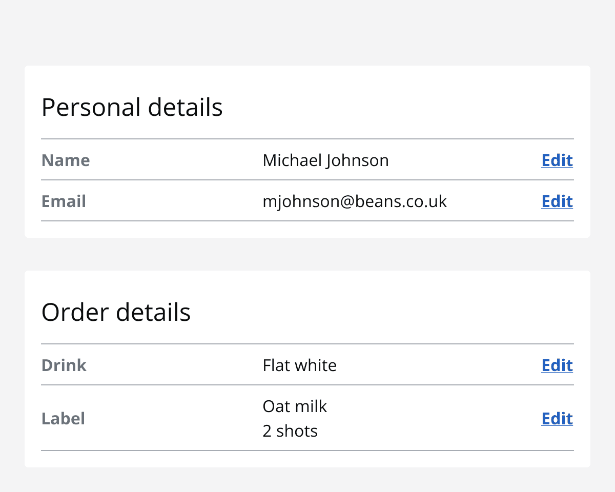 An image of two data lists. The top component, labelled ‘personal details’ is the same width as the bottom one, labelled ‘order details’.