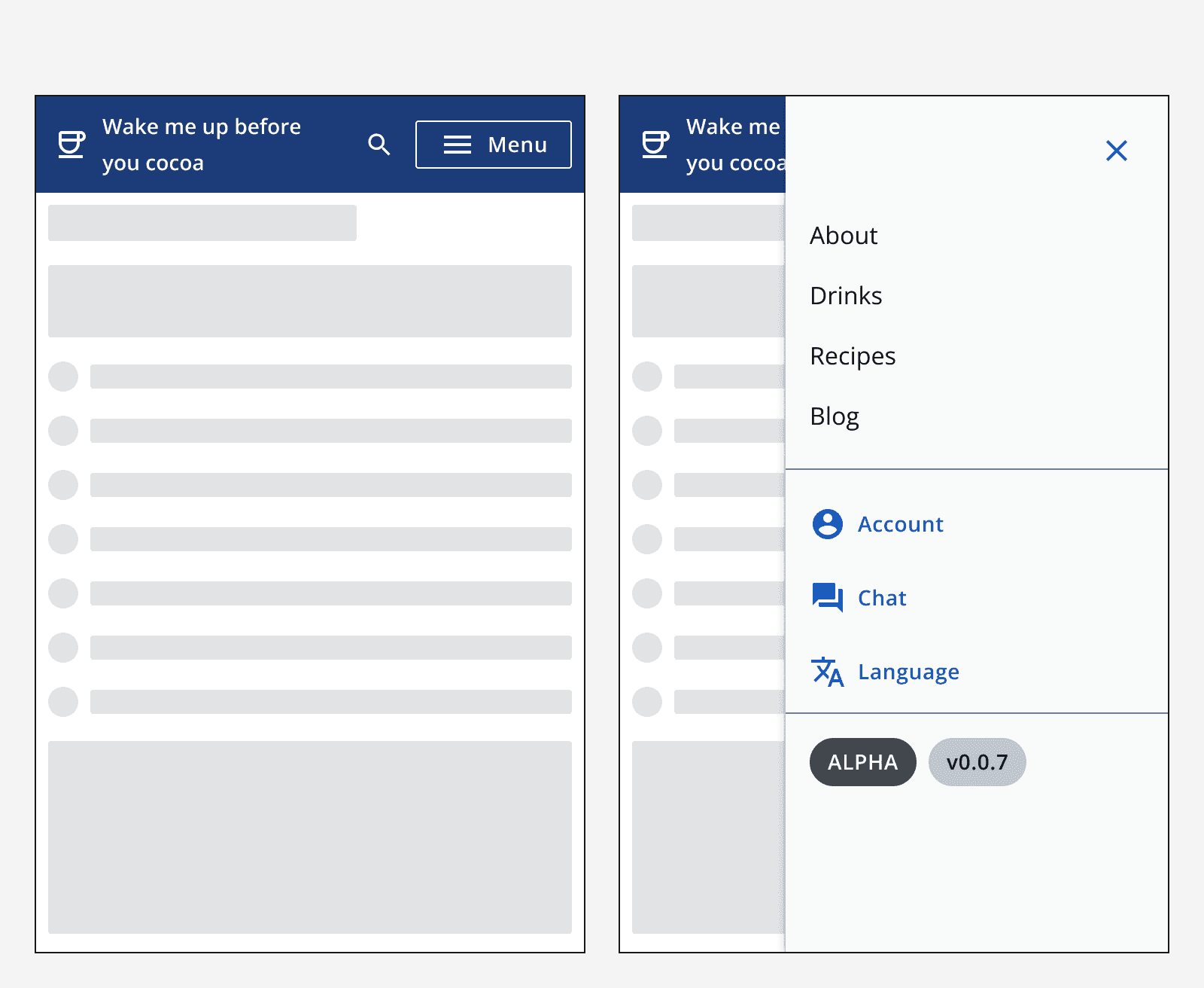 An example of top navigation displayed on a smaller screen. It displays a menu button that opens a drawer menu that includes the navigation links.