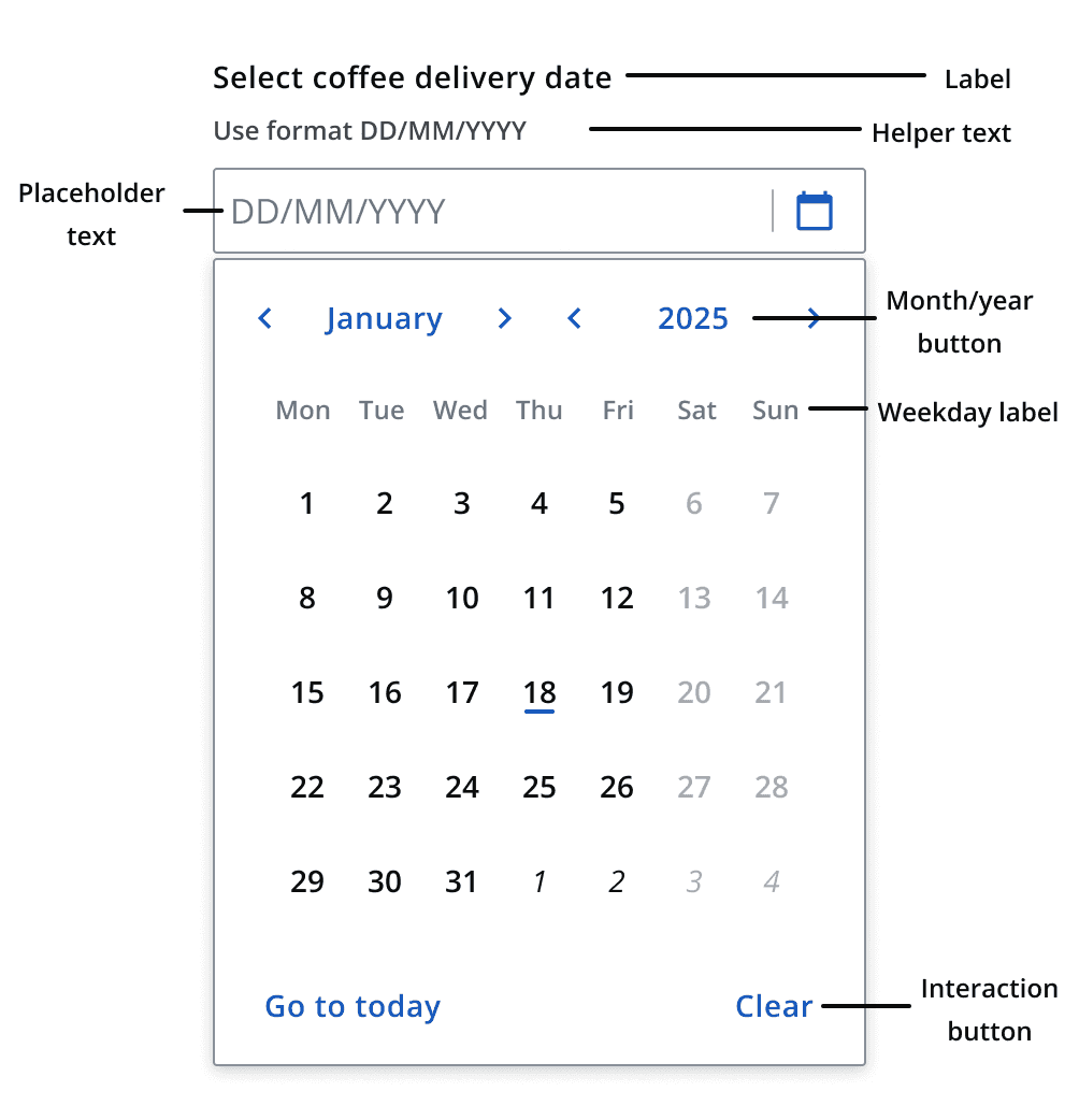 A date picker field with label, helper and placeholder text highlighted.