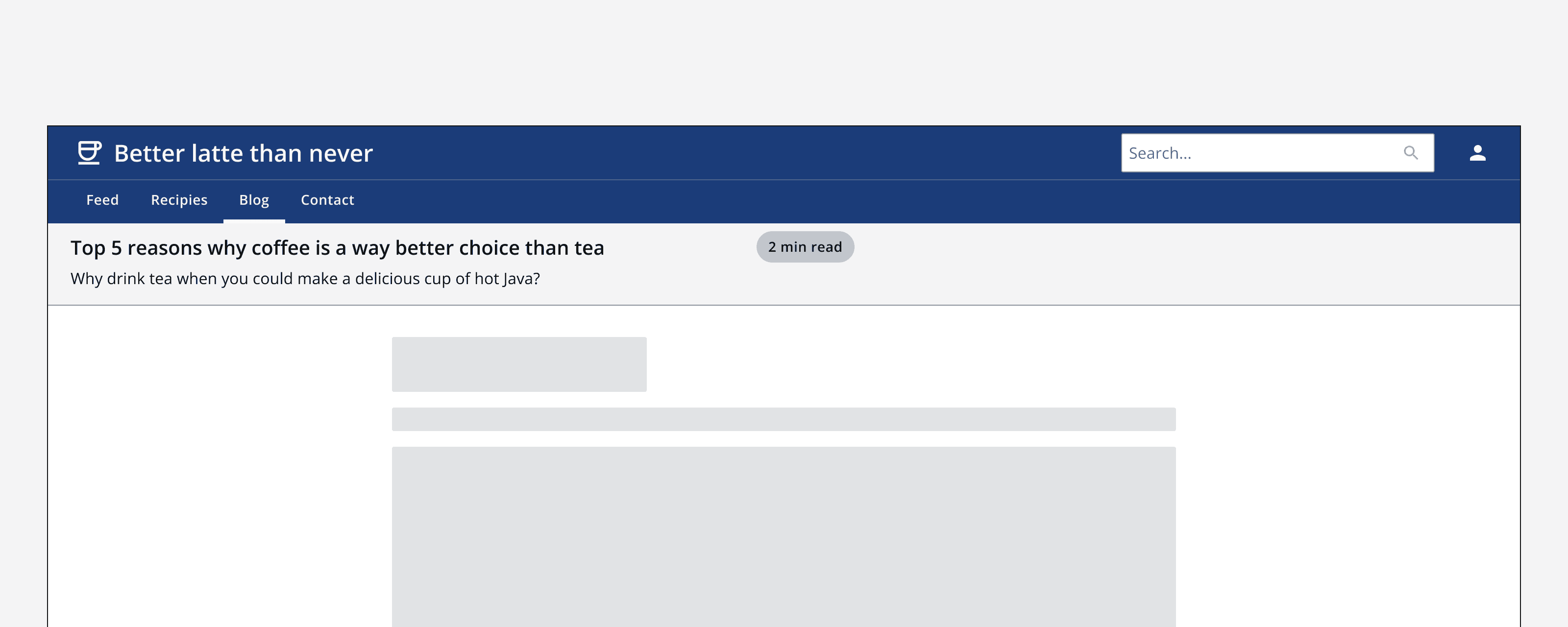 An example app that shows a page header and some example content. The page header’s content is aligned to the left of the screen. The example page content below is aligned to the centre of the screen.
