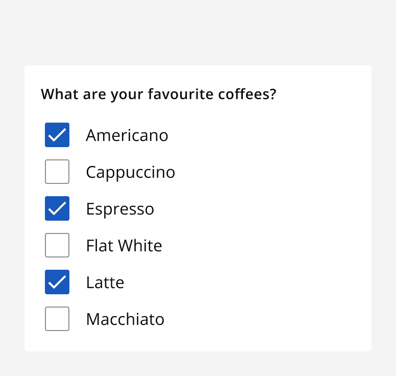 A checkbox group titled ‘What are your favourite coffees?’ with two out of six checkboxes selected.