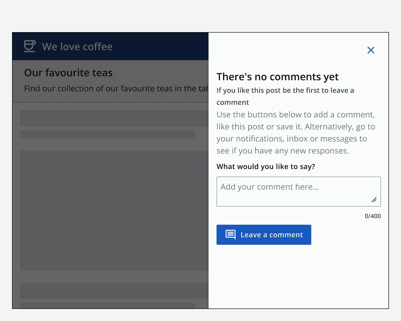 An empty state component with a text field within its interaction area.