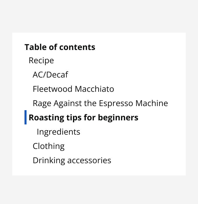A table of contents showing a page’s headings in the default size variant.