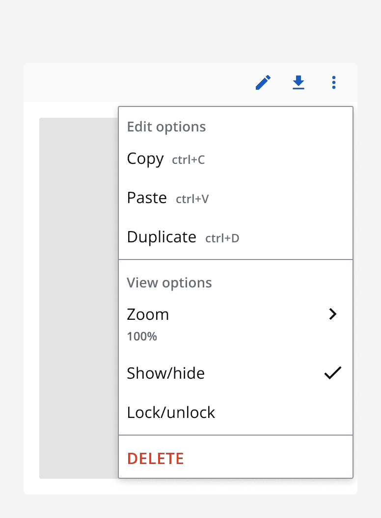 A popover menu with edit and view options using a mix of menu items, menu groups and menu toggle items.